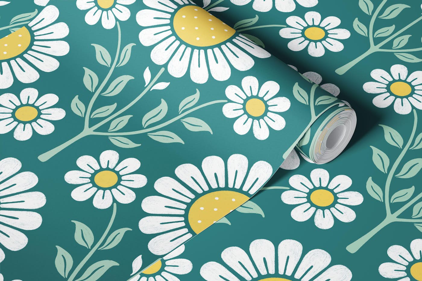 Daisy Garden - White Flowers on Blue Green wallpaper roll
