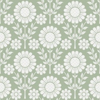Retro Scandi Daisy Garden - White on Sage - M wallpaper