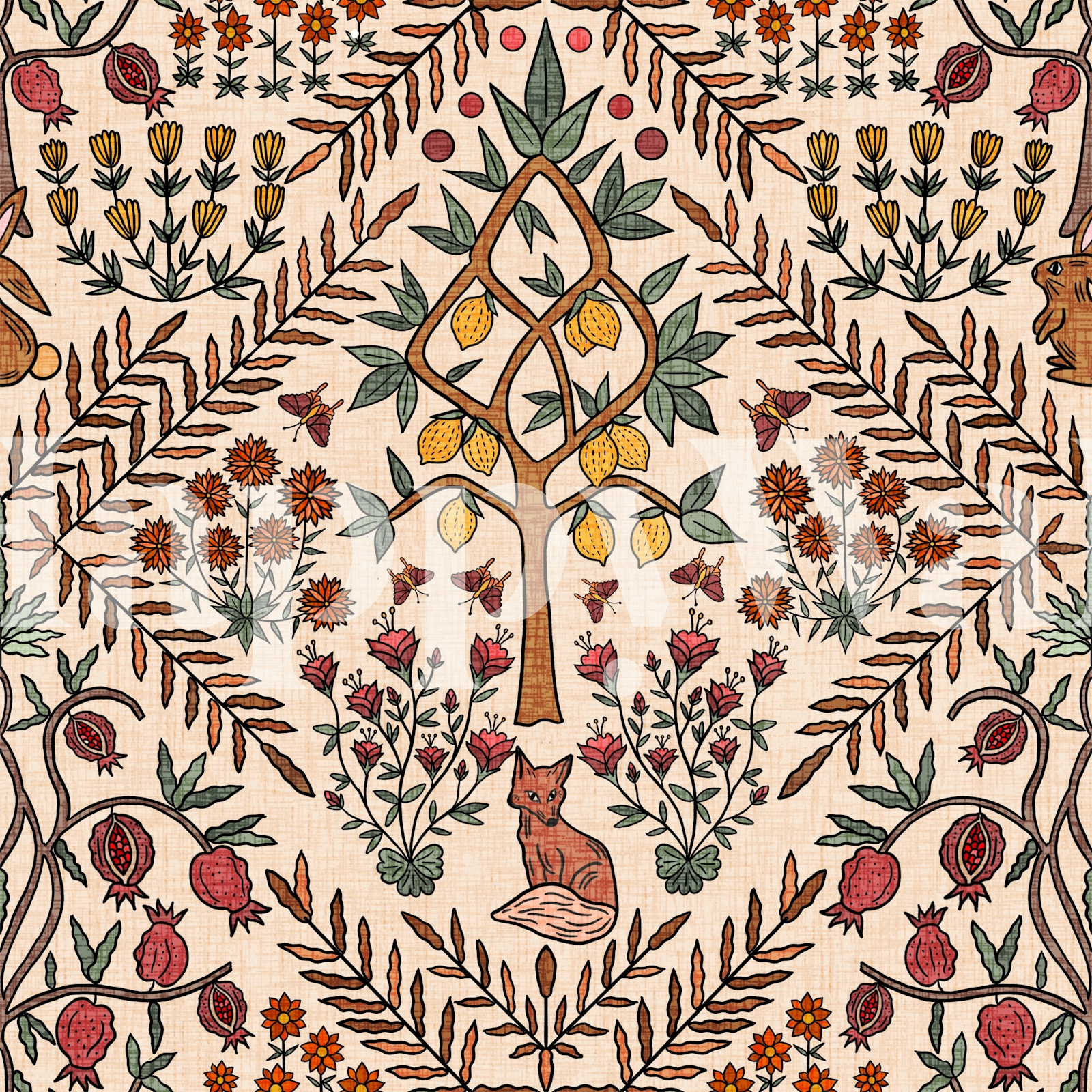 Fox Floral Wallpaper in Warm Earthy Tones