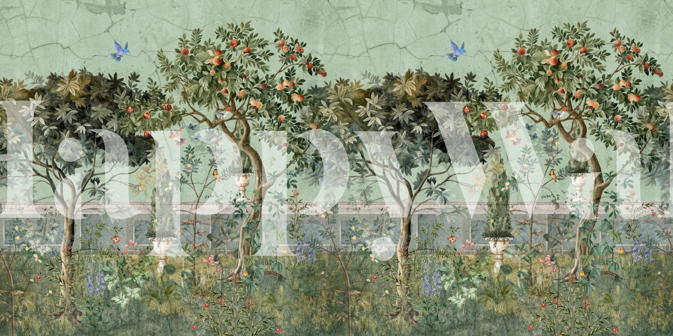 Botanisch behang met sinaasappelbomen en kleurrijke bloemen, groen en bruin, schilderachtige stijl wallpaper