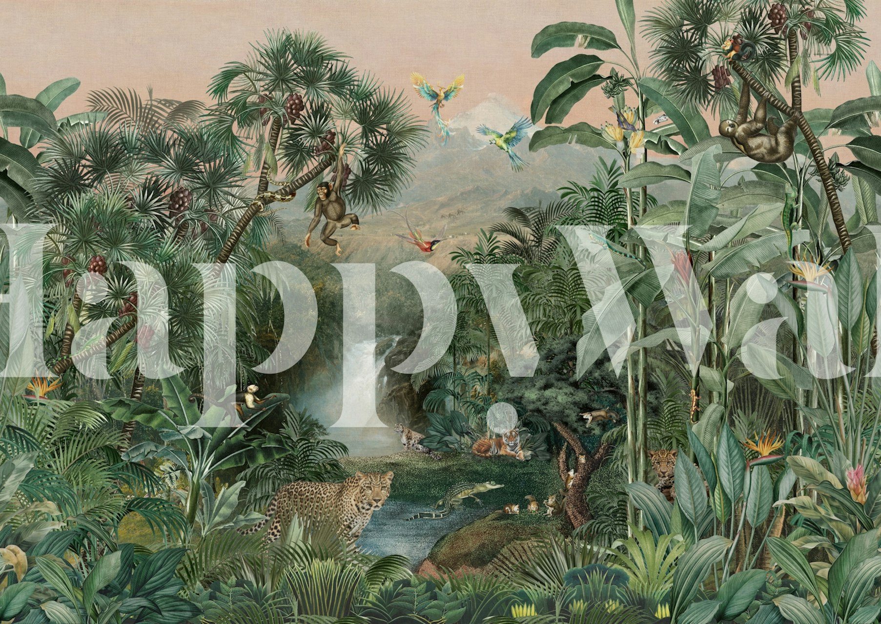 Tropical jungle wallpaper with tigers and birds