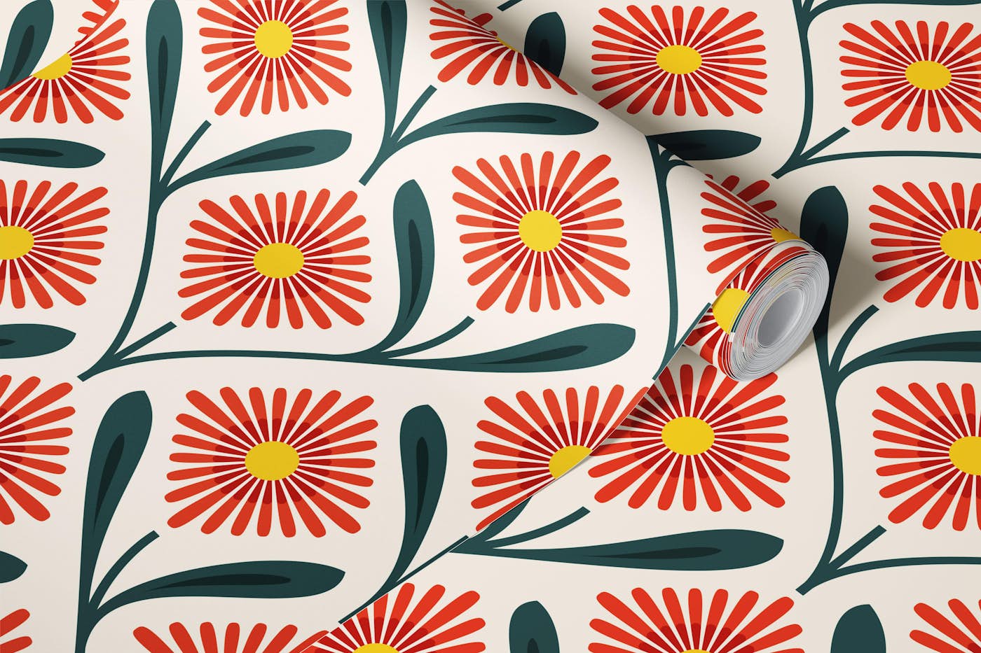 Fresh Daisy Blooms in Red Green - L wallpaper roll
