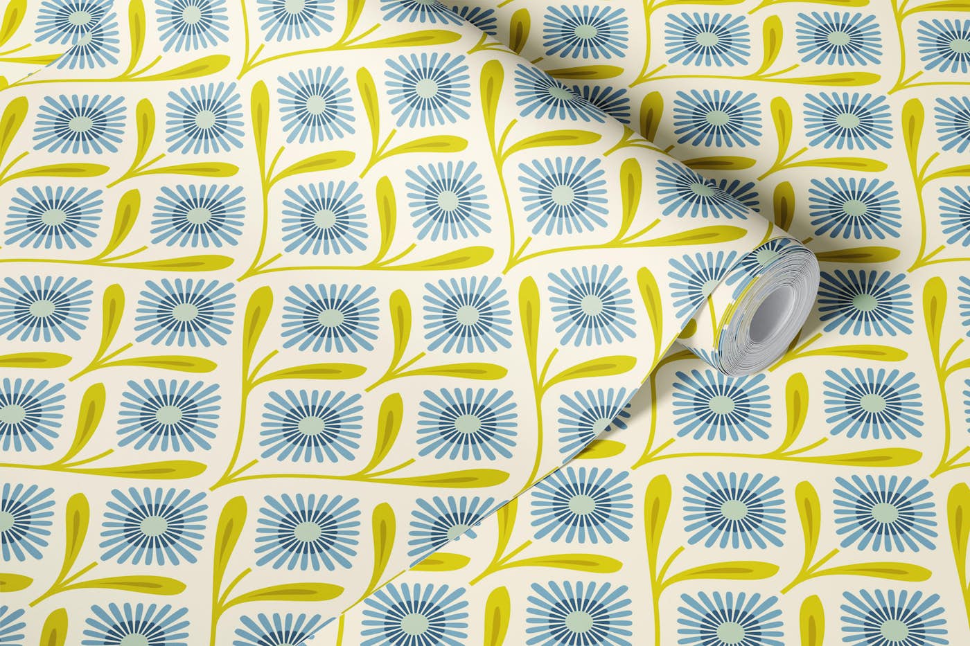 Fresh Daisy Blooms in Green Blue - S wallpaper roll