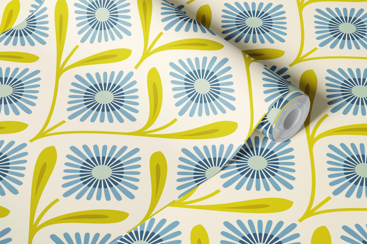 Fresh Daisy Blooms in Green Blue - S wallpaper roll