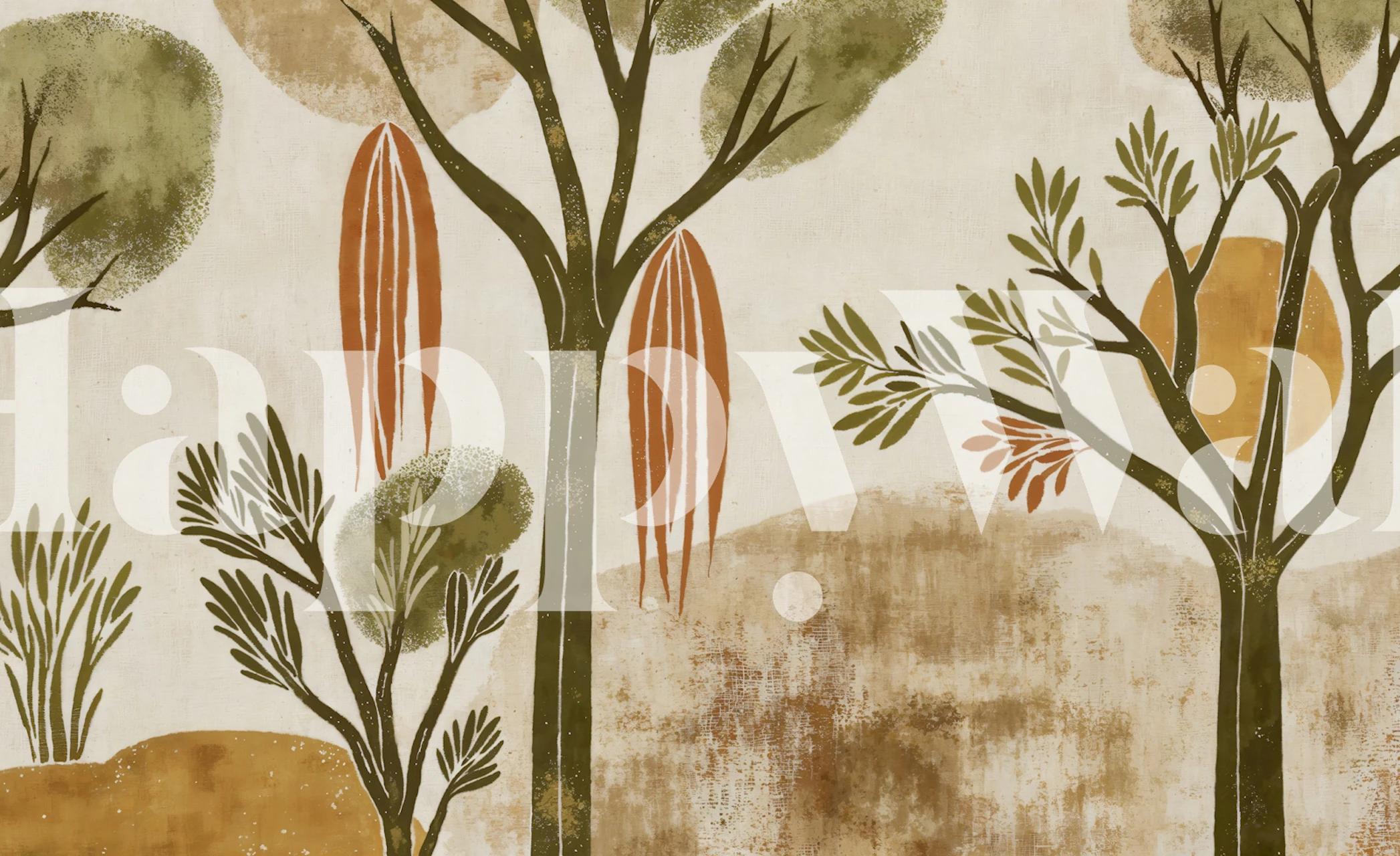 Rustic tree and foliage design in green and brown wallpaper