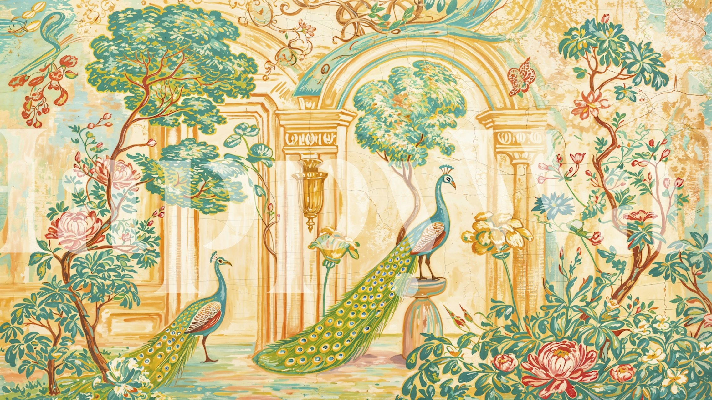 Peacock wallpaper featuring colorful peacocks, lush greenery, and flowers