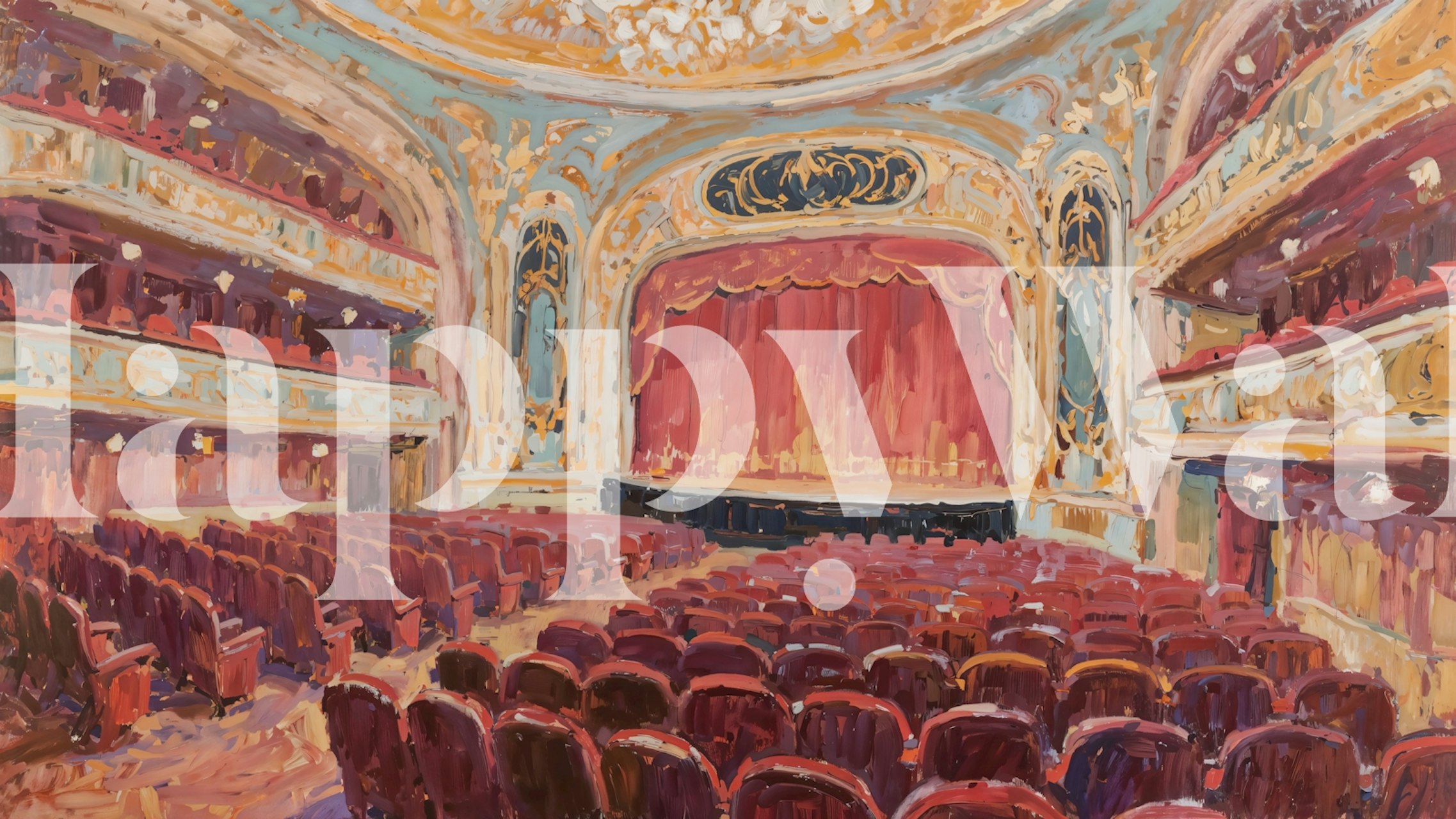 Theater hall with red curtains and ornate gold details wallpaper