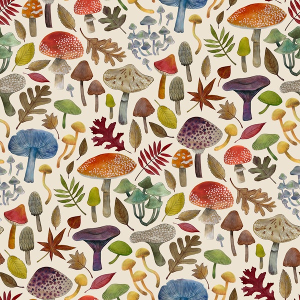 Watercolour Toadstools Leaves cream Med Small