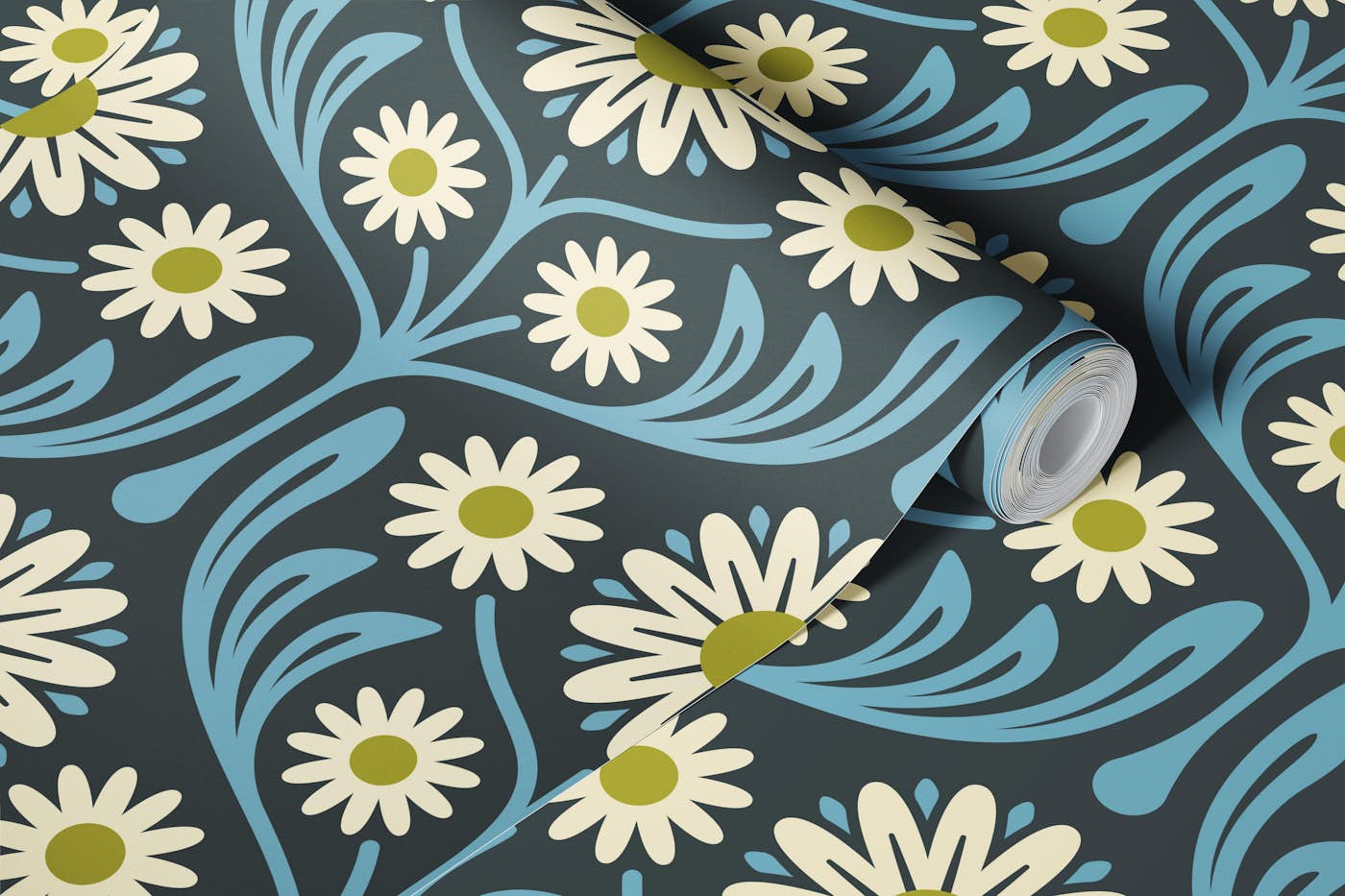 Daisy Meadow Bliss in Blue Green - L wallpaper roll