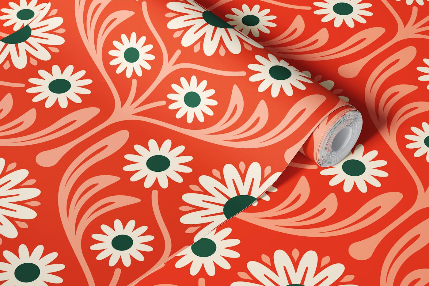 Daisy Meadow Bliss in Red Green - L wallpaper roll