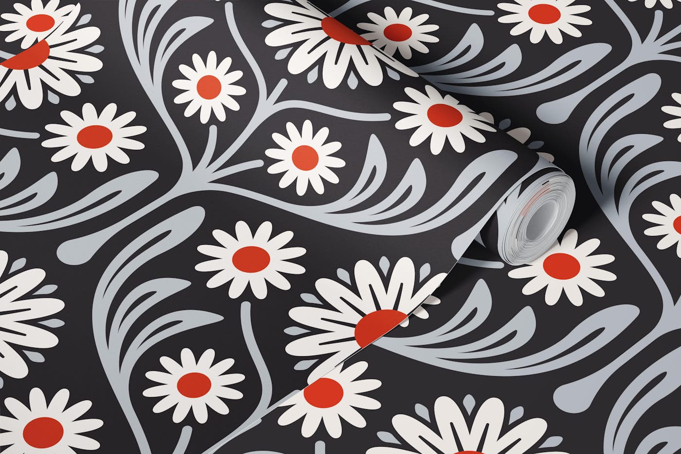 Daisy Meadow Bliss in Gray Red - L wallpaper roll