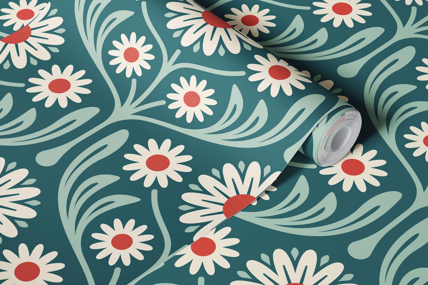 Daisy Meadow Bliss in Teal Red - L wallpaper roll
