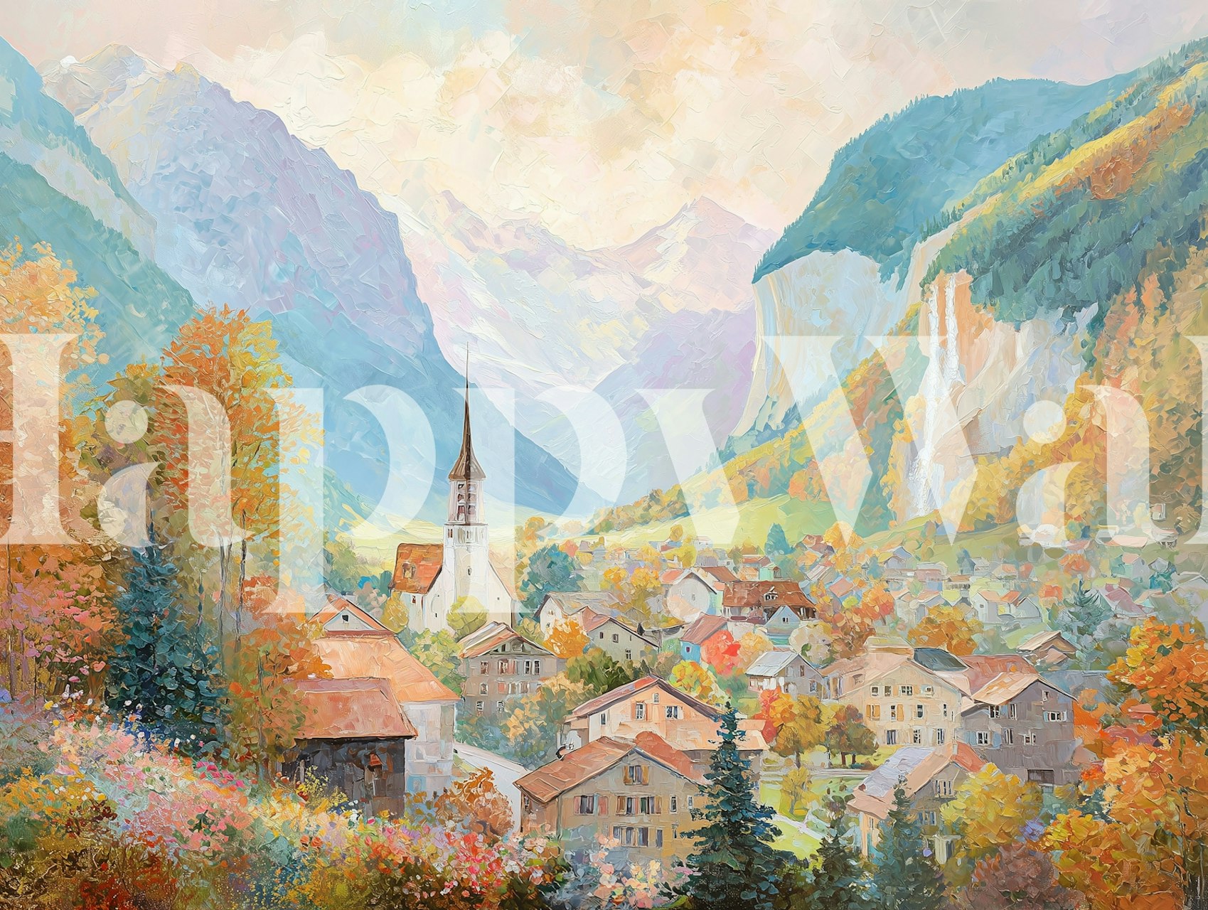 Papier peint Alpine Village Rustic Painting dans une pièce