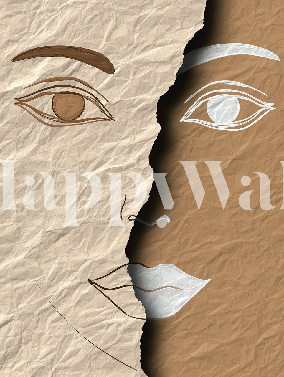Torn paper design with dual faces, beige and brown tones, artistic wallpaper