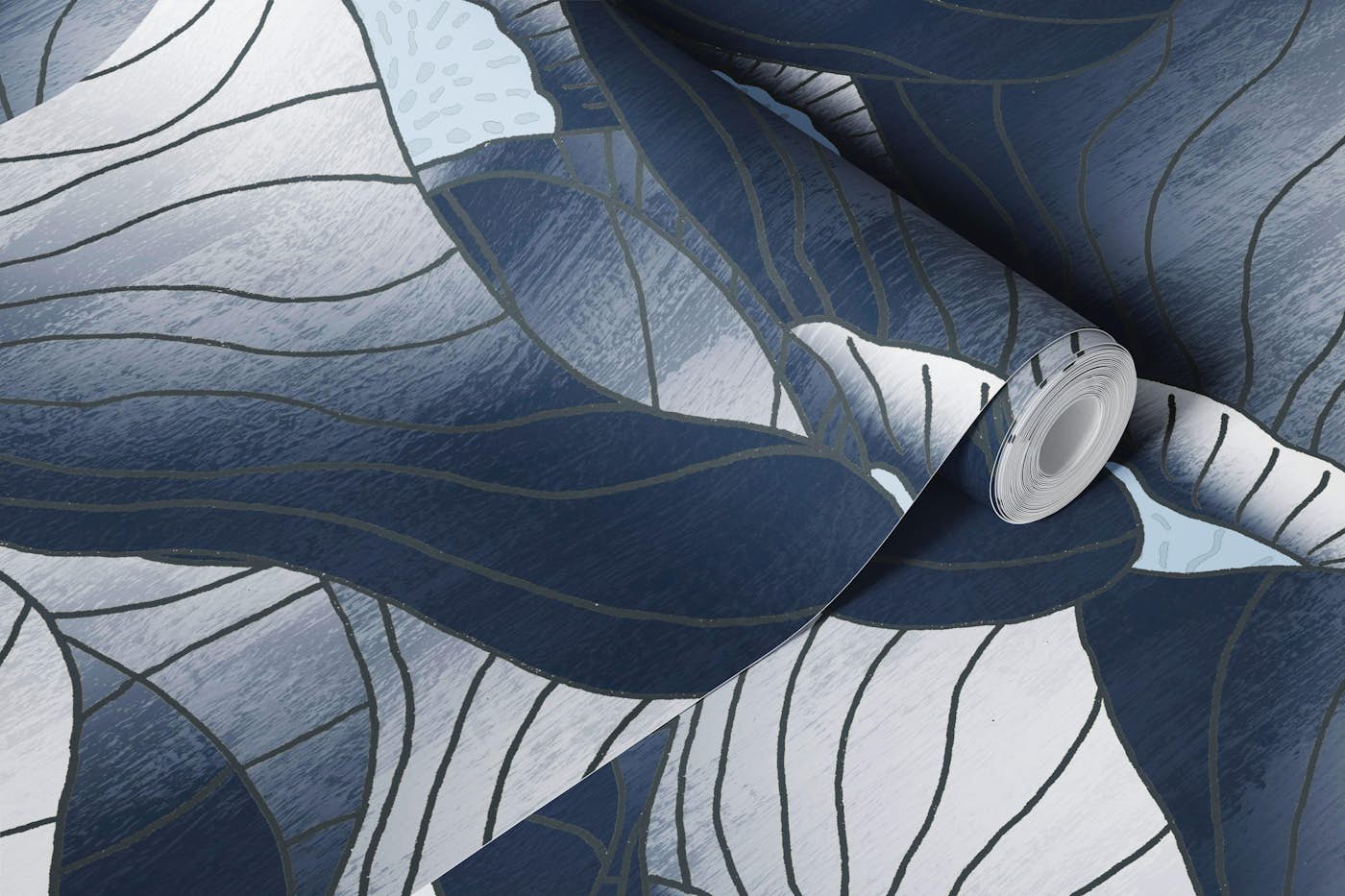 Botanical Bloom Waves Navy Blue wallpaper roll