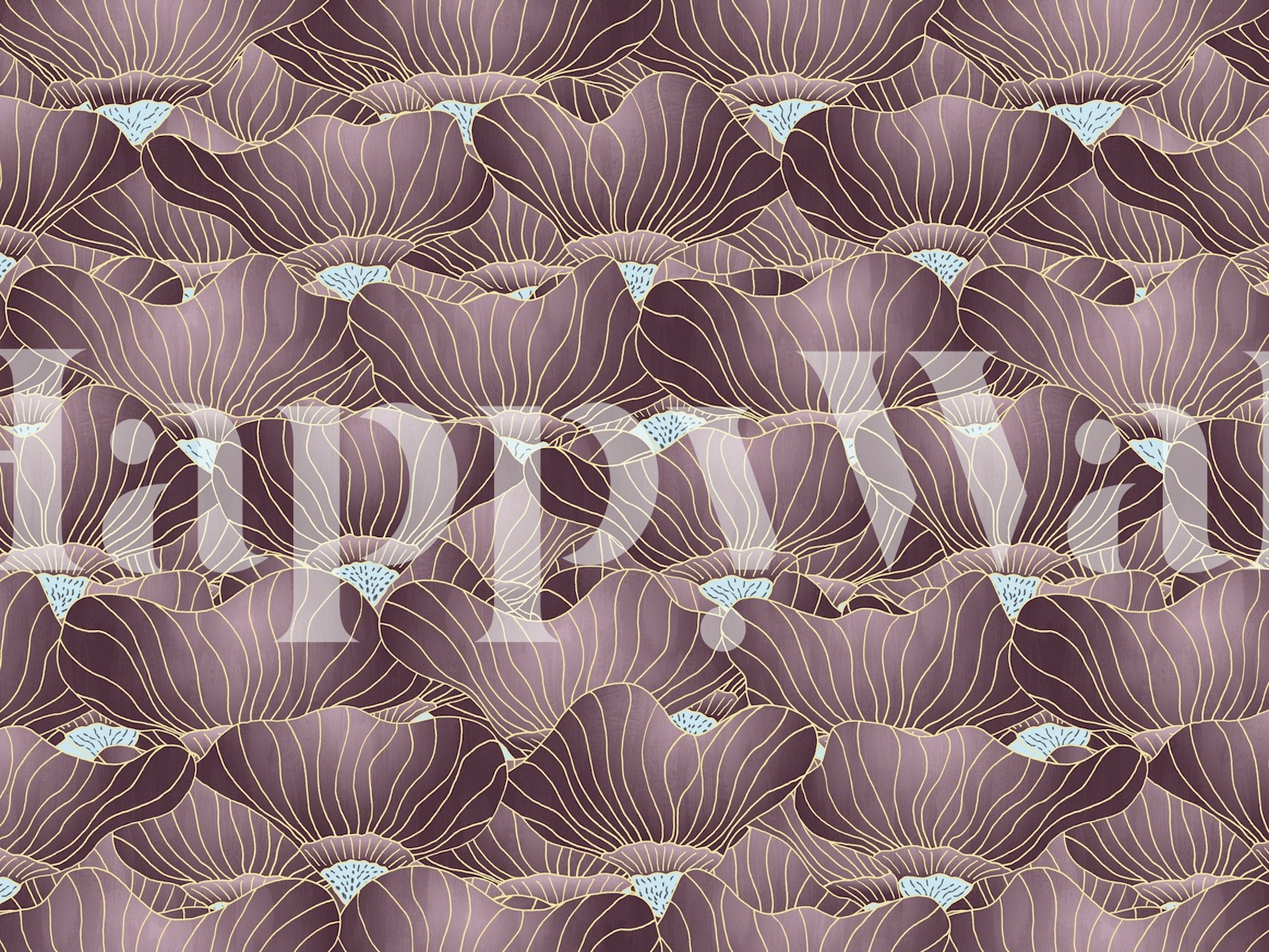 Papier peint floral en bourgogne avec lignes dorées