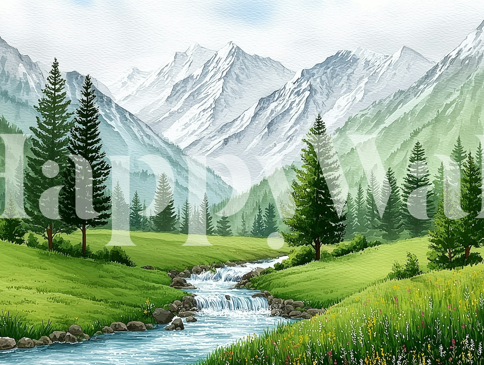 Mountain stream flowing through lush green meadows and pine trees with mountains in the background wallpaper