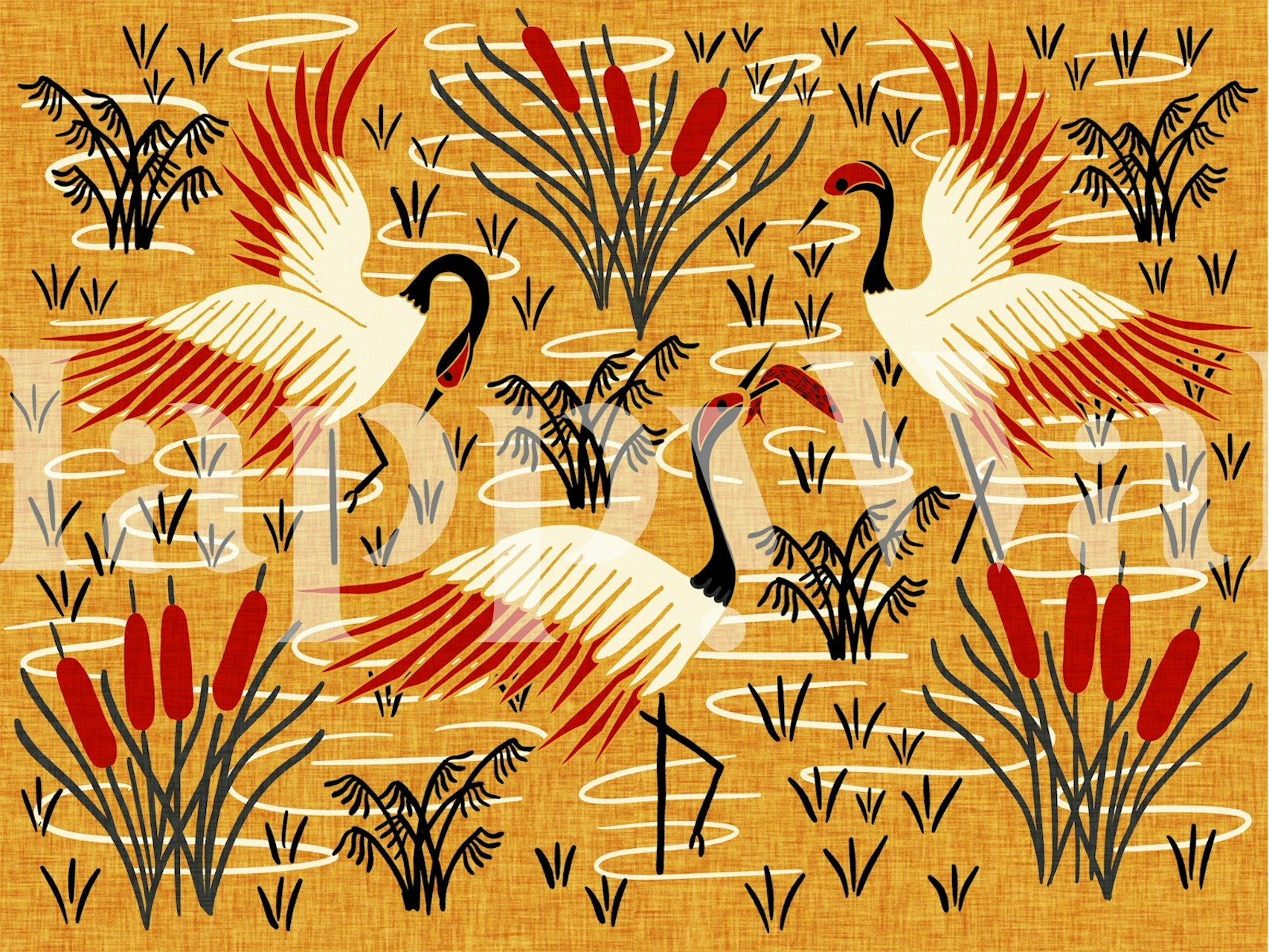 Cranes in a golden marsh wallpaper design