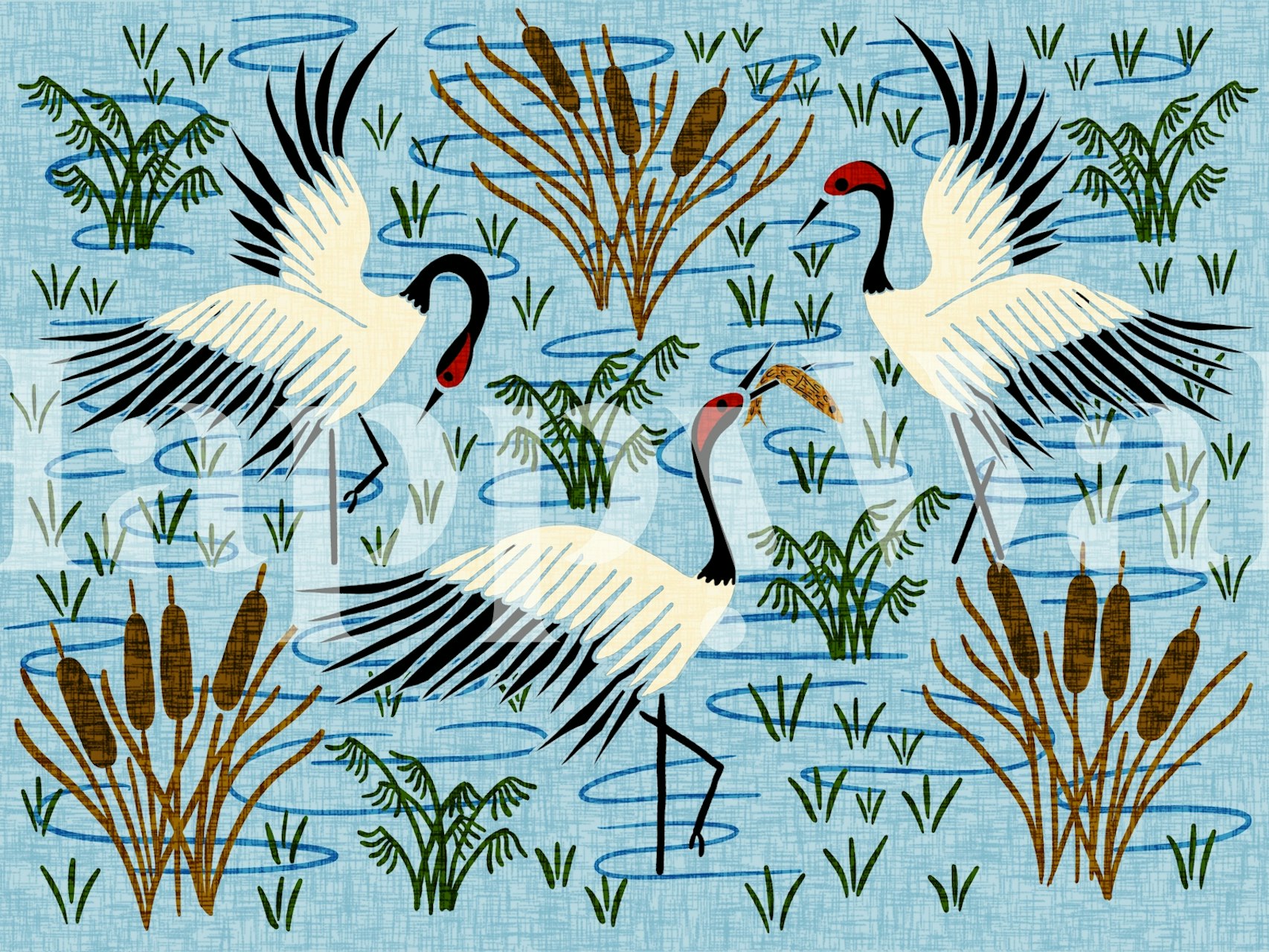 Three cranes in water with reeds and blue background wall mural