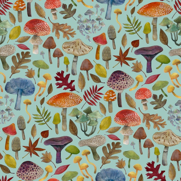 Watercolour Toadstools on Sky blue - Large