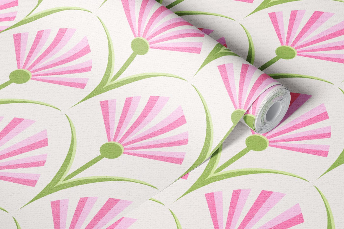 Pink and Green Floral Fans Art Deco Flowers wallpaper roll