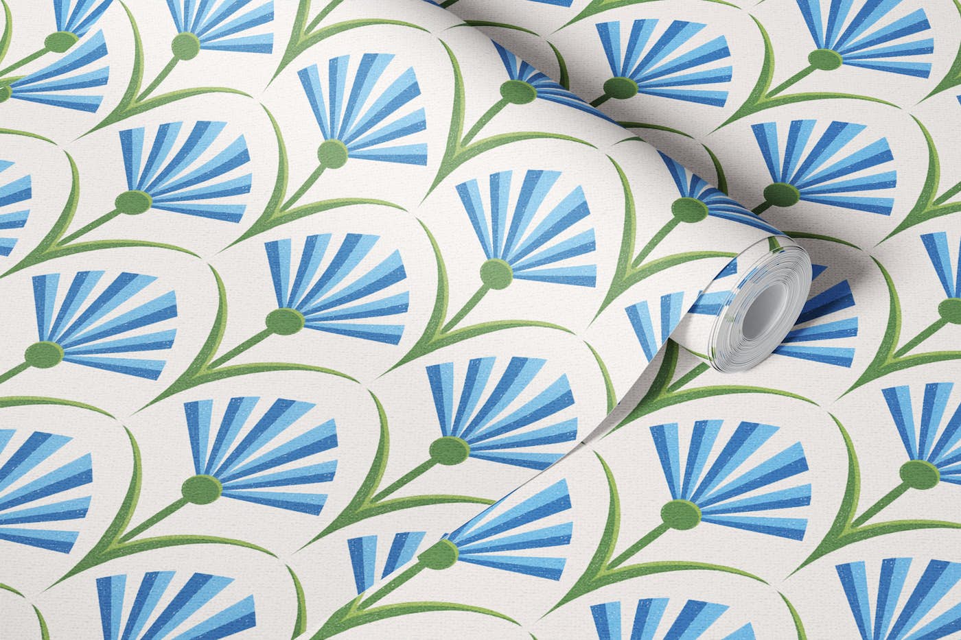 Blue and Green Floral Fans Art Deco Geo wallpaper roll