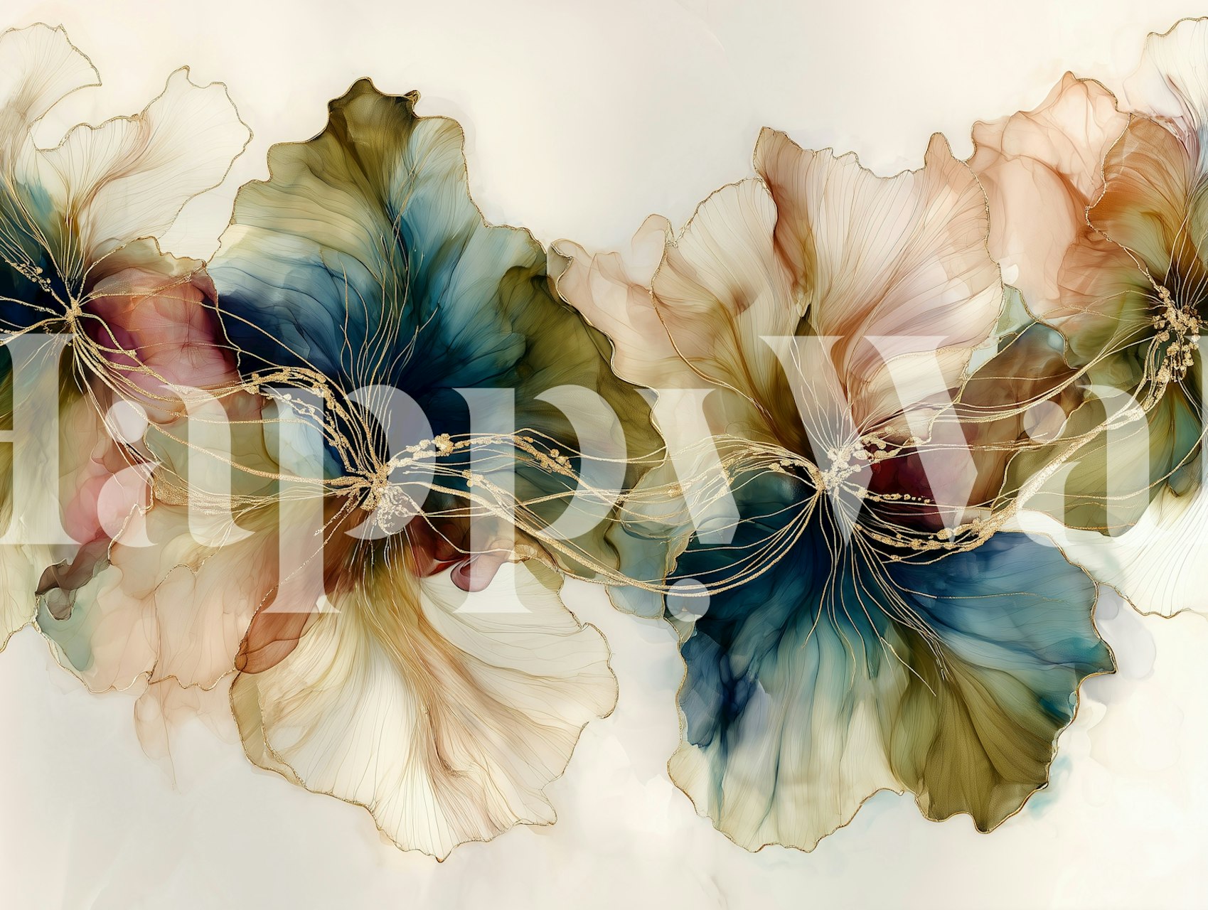 Abstract floral design with ink effects in soft blue, brown, and tan tones wallpaper