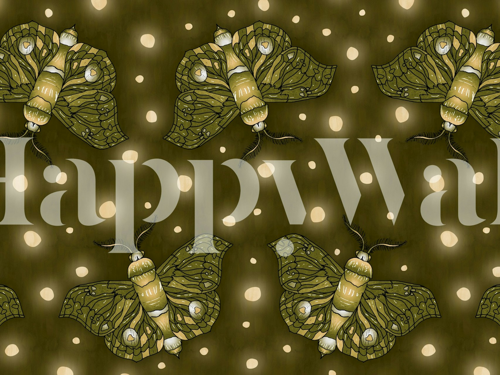 Olive green moths on dark background with polka dots wallpaper