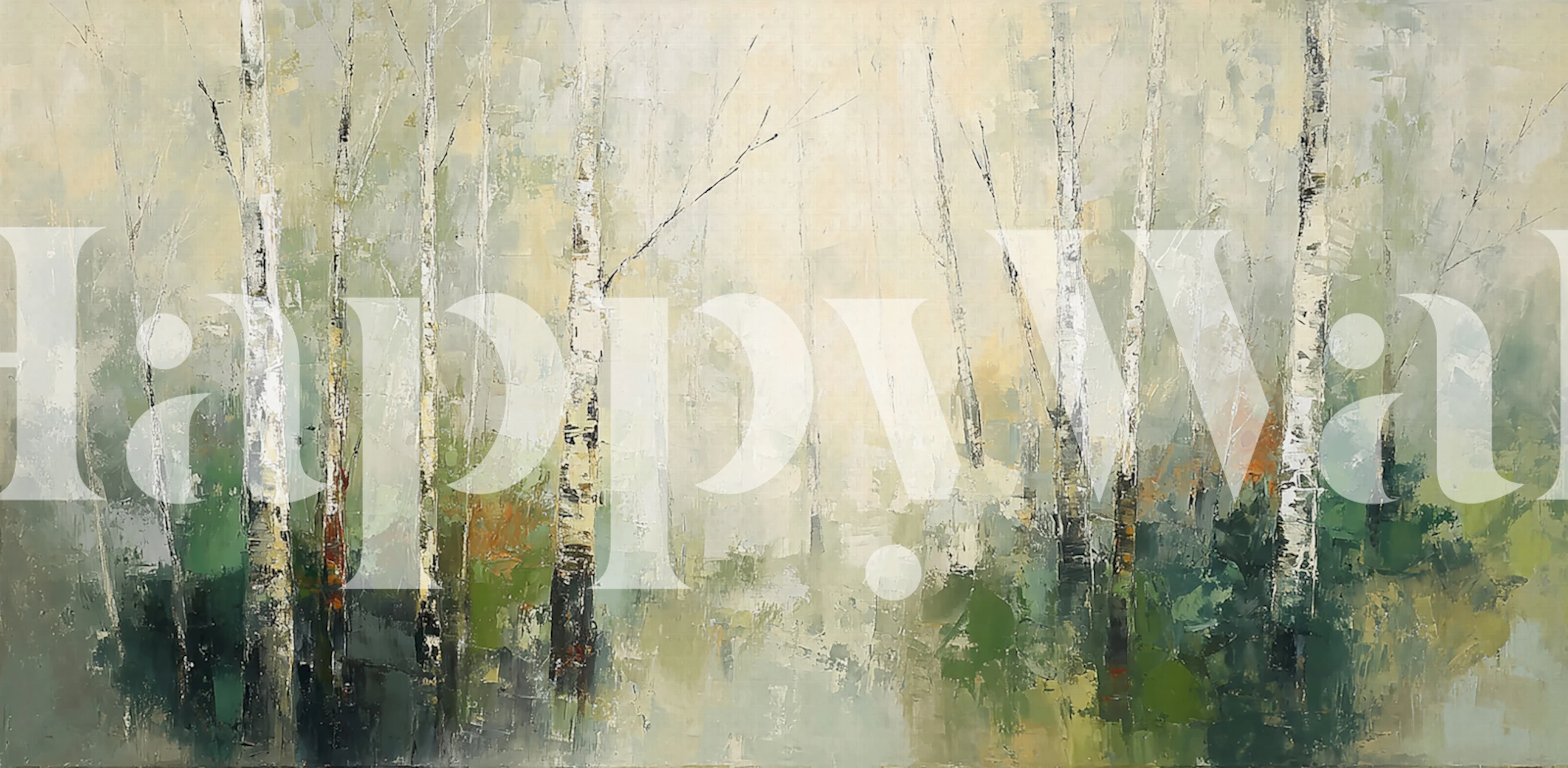 Birch trees with soft green foliage and light background wallpaper