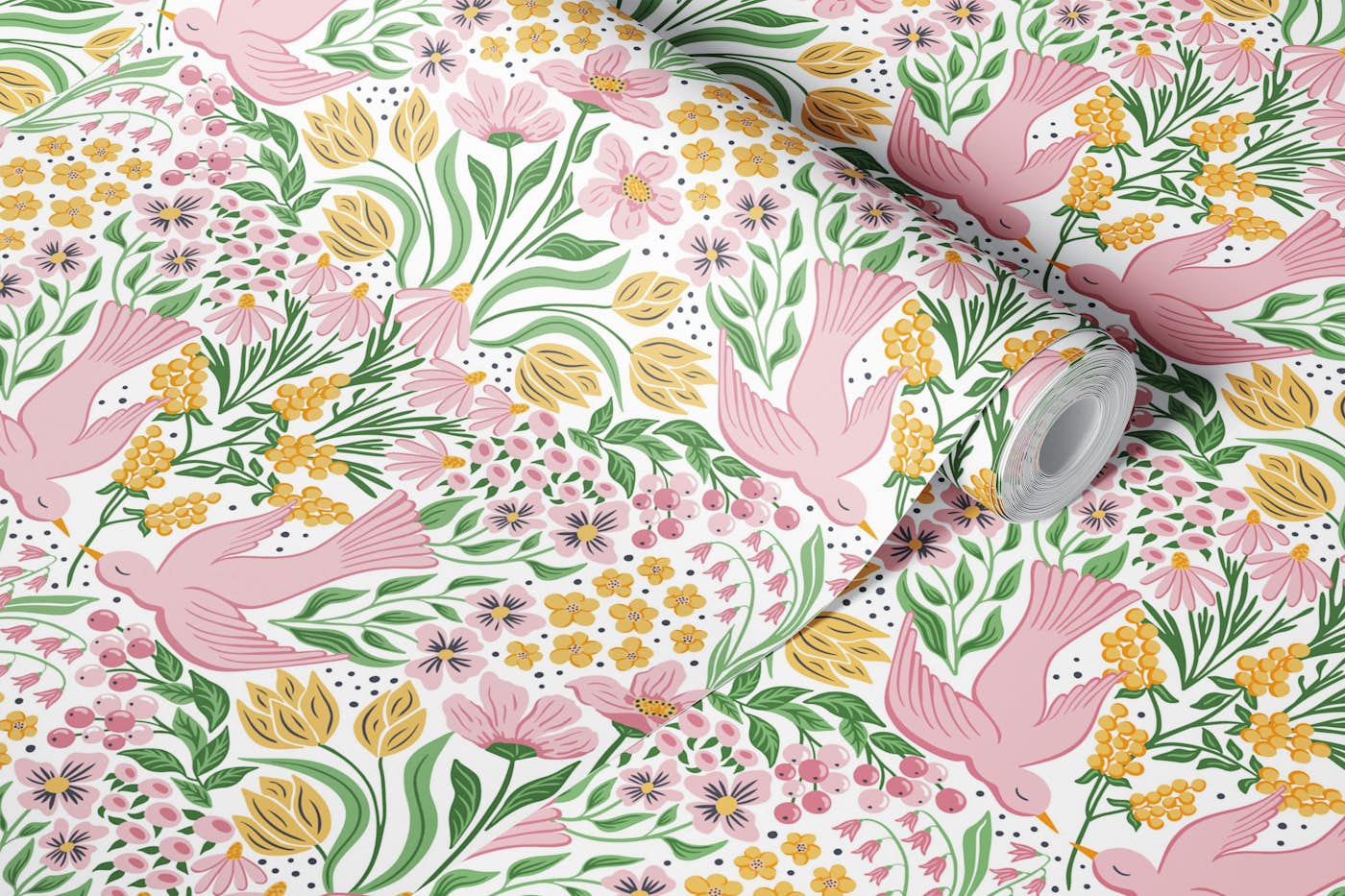 Spring floral with birds - pink wallpaper roll