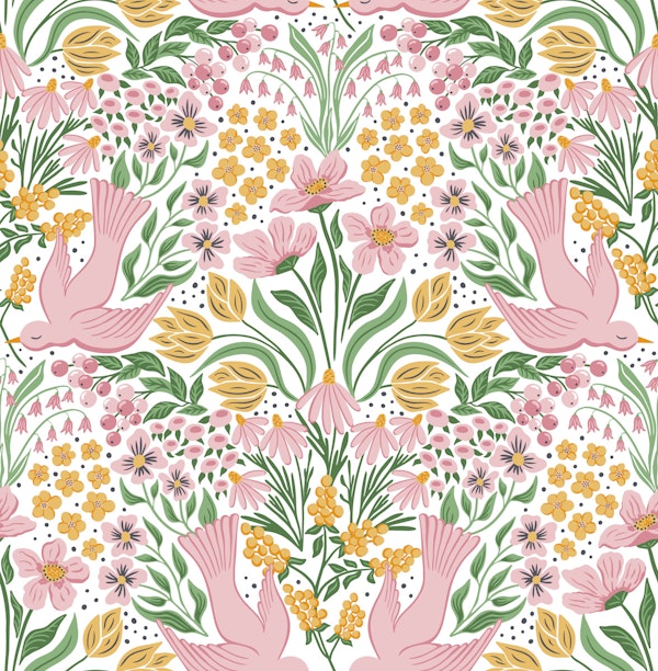 Spring floral with birds - pink