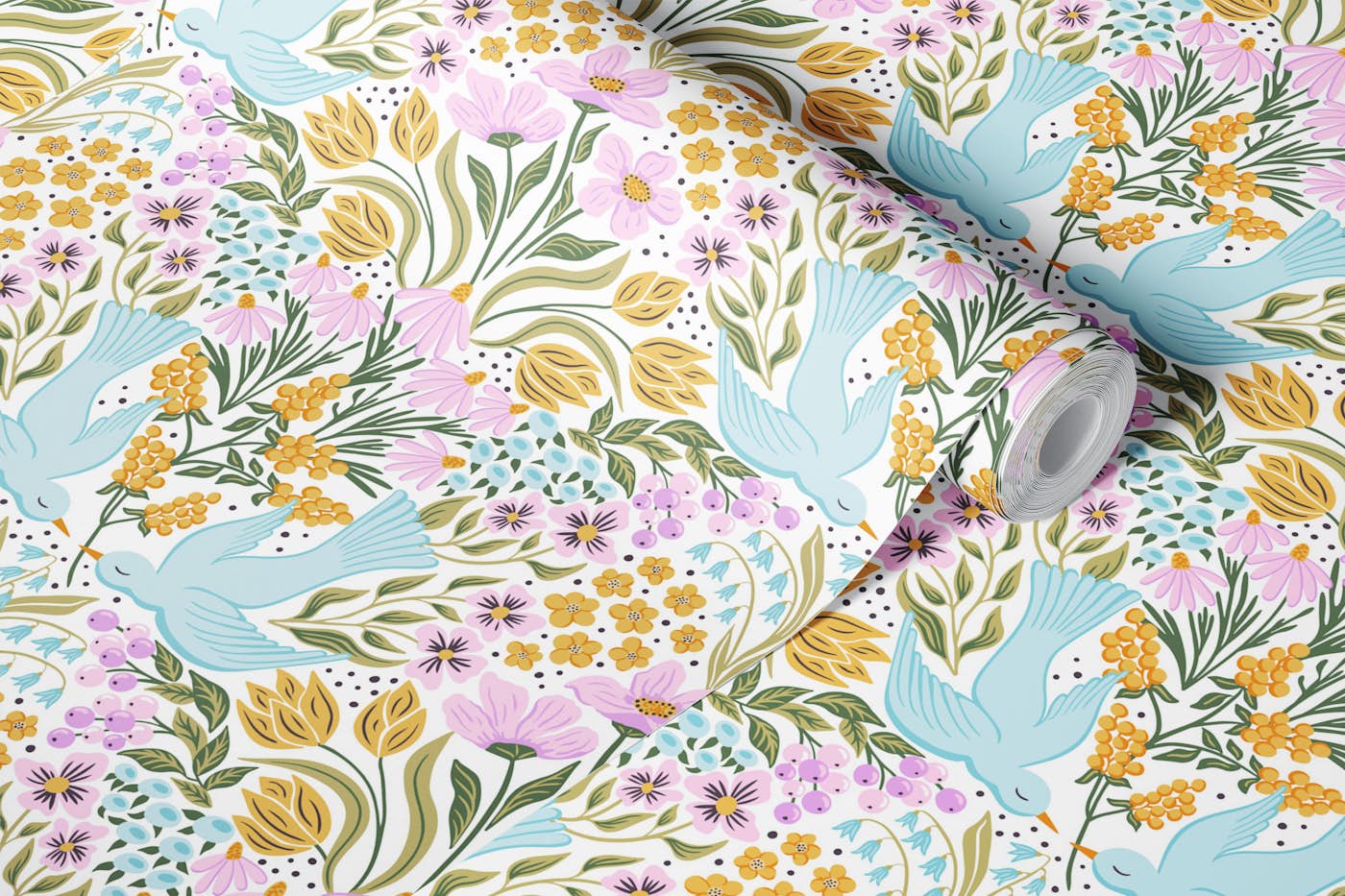 Spring floral with birds - vibrant pastels wallpaper roll
