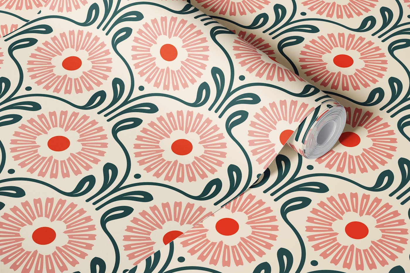 Retro Ornate Daisy in Green Pink - S wallpaper roll