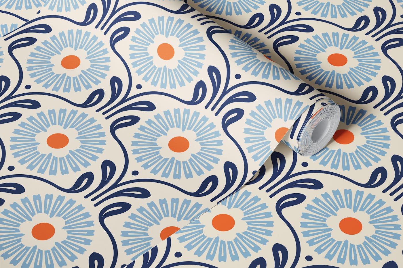 Retro Ornate Daisy in Blue Orange - S wallpaper roll