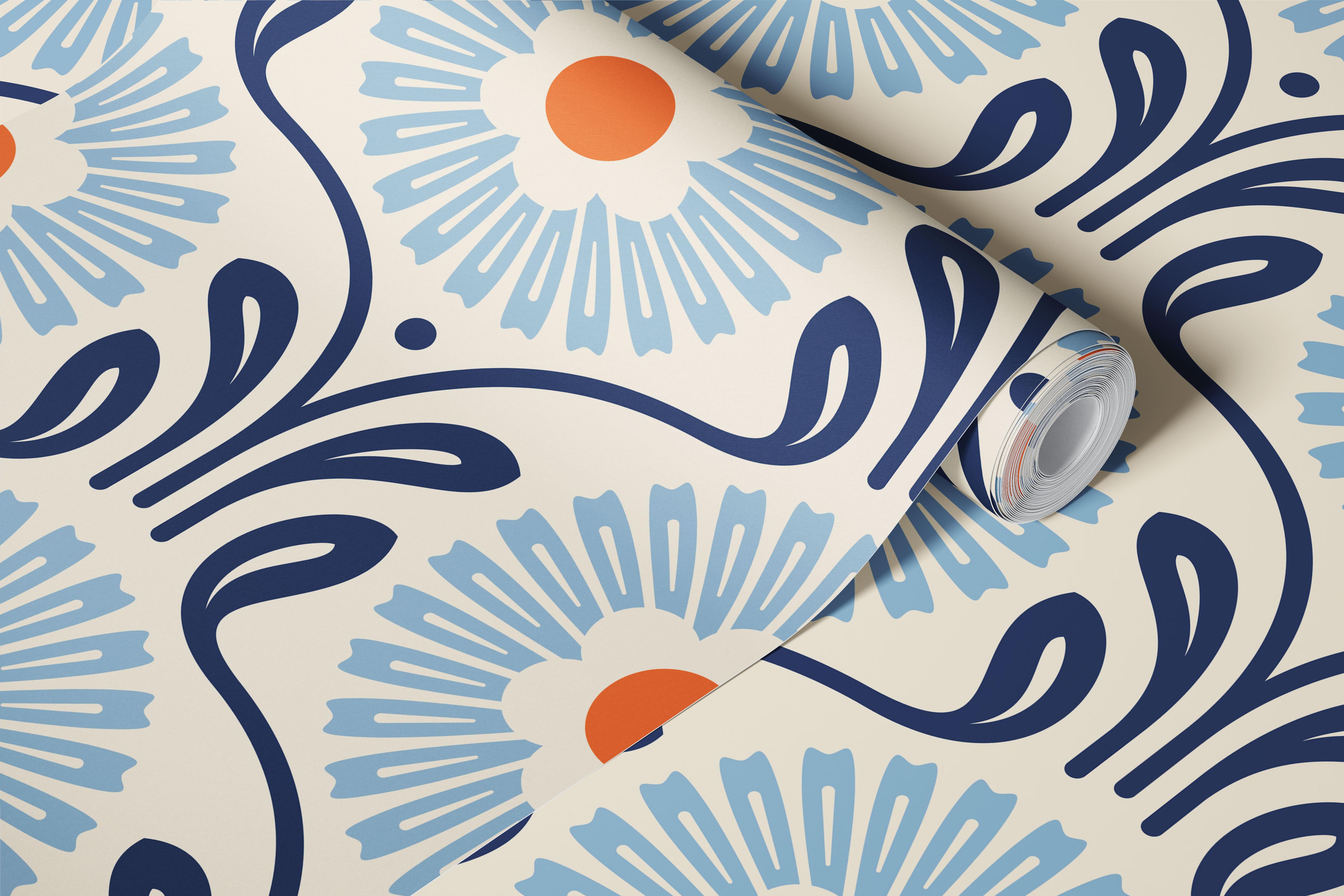 Retro daisy wallpaper in blue orange room