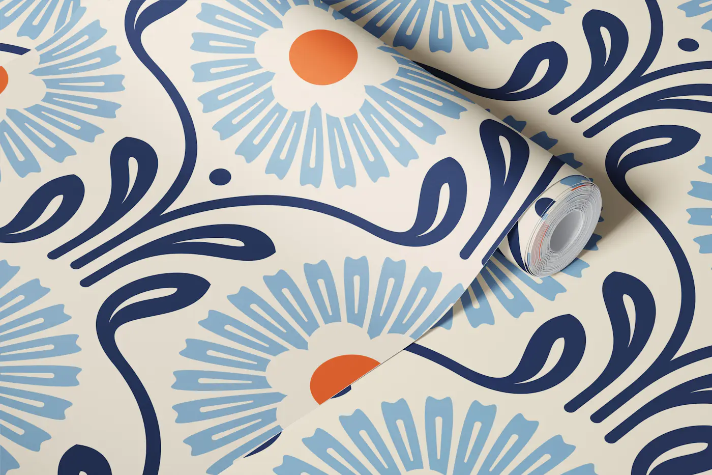 Retro Ornate Daisy in Blue Orange - L wallpaper roll