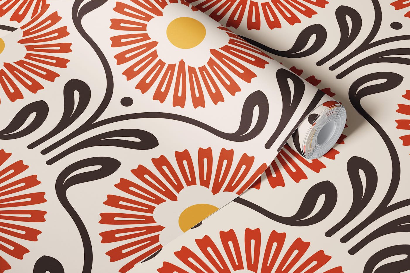 Retro Ornate Daisy in Red Brown - L wallpaper roll