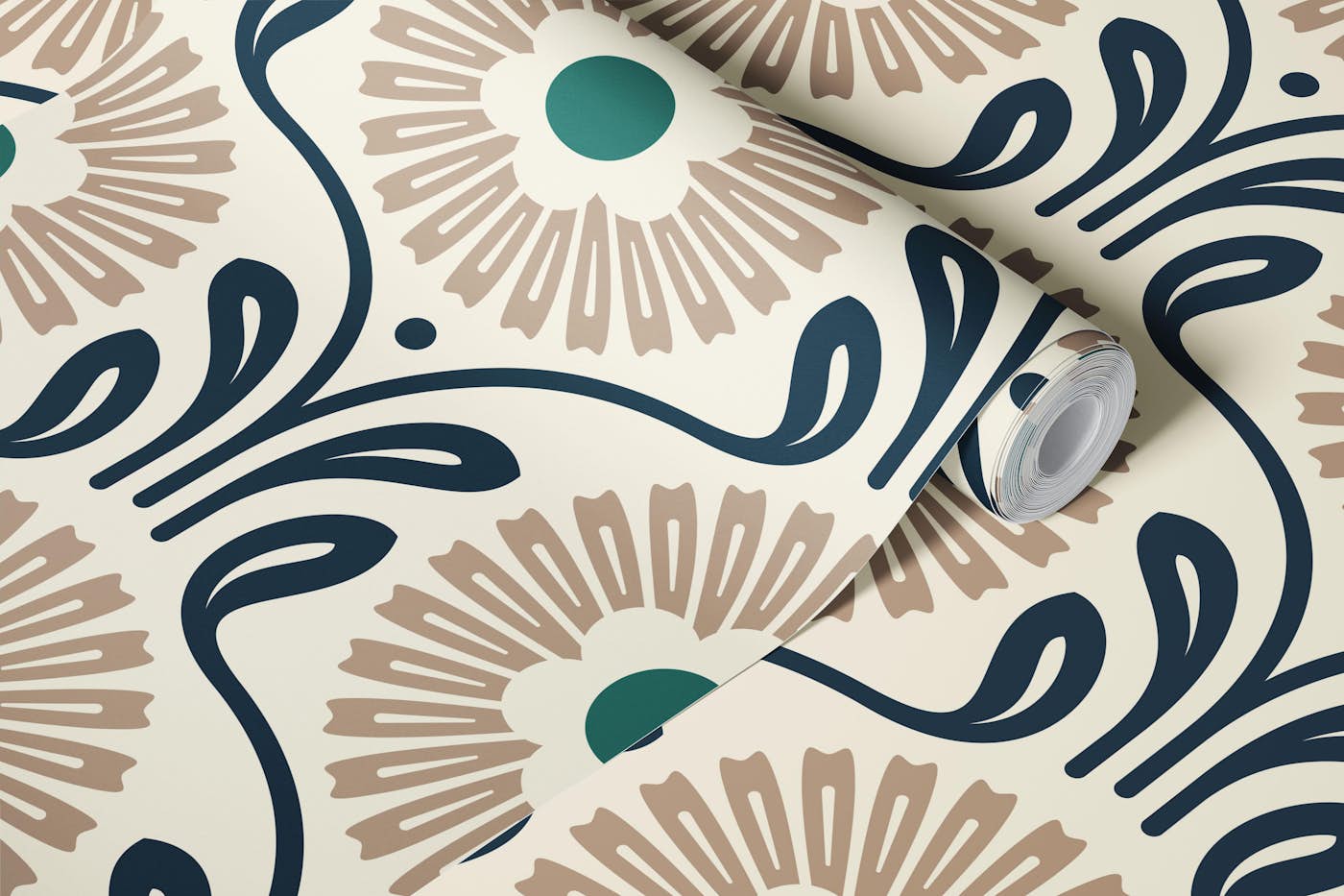 Retro Ornate Daisy in Beige Green - L wallpaper roll