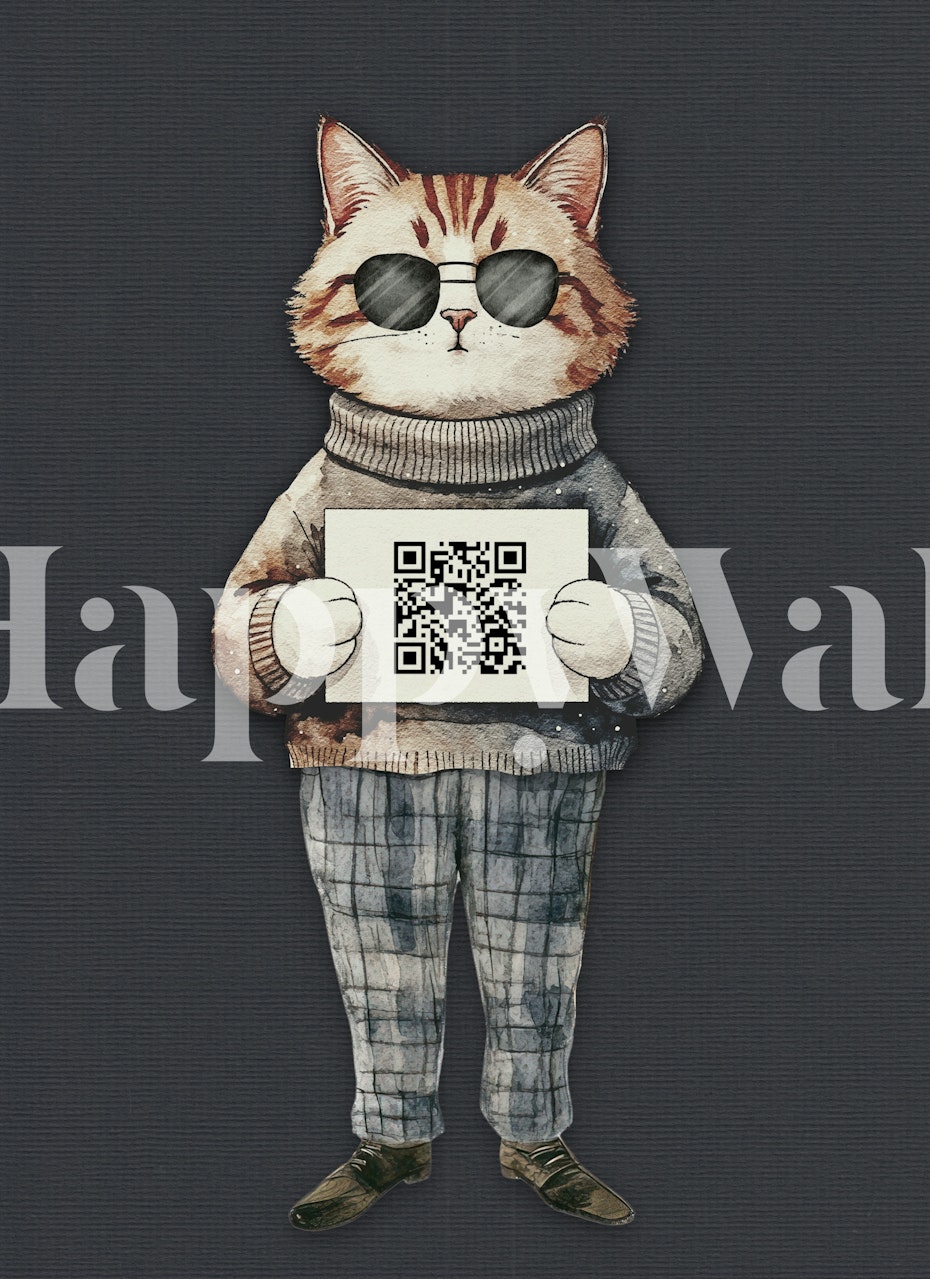 Whimsical cat in sunglasses holding a sign wallpaper