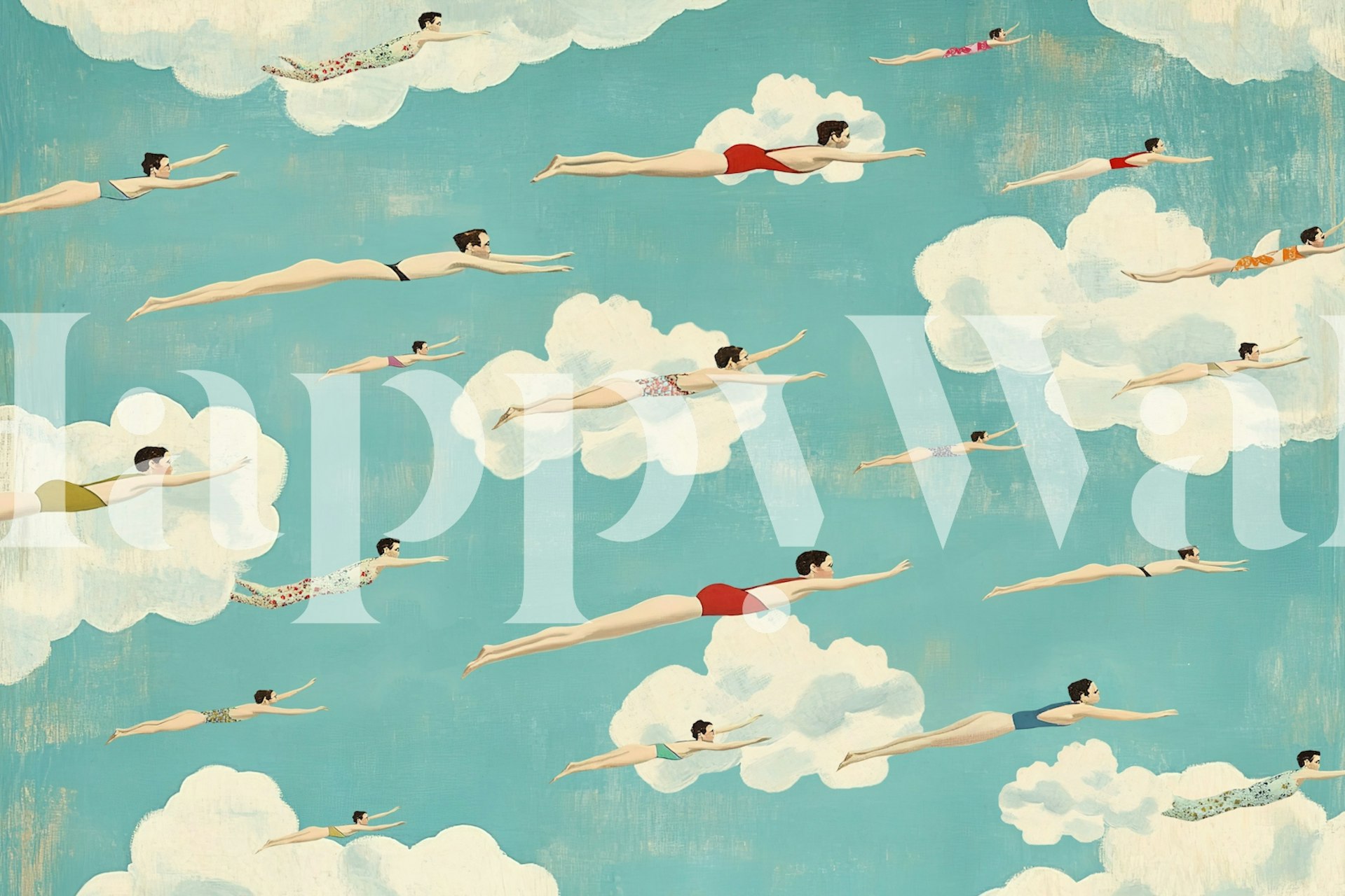 Vintage swimmers in swimsuits against a blue sky and clouds wallpaper