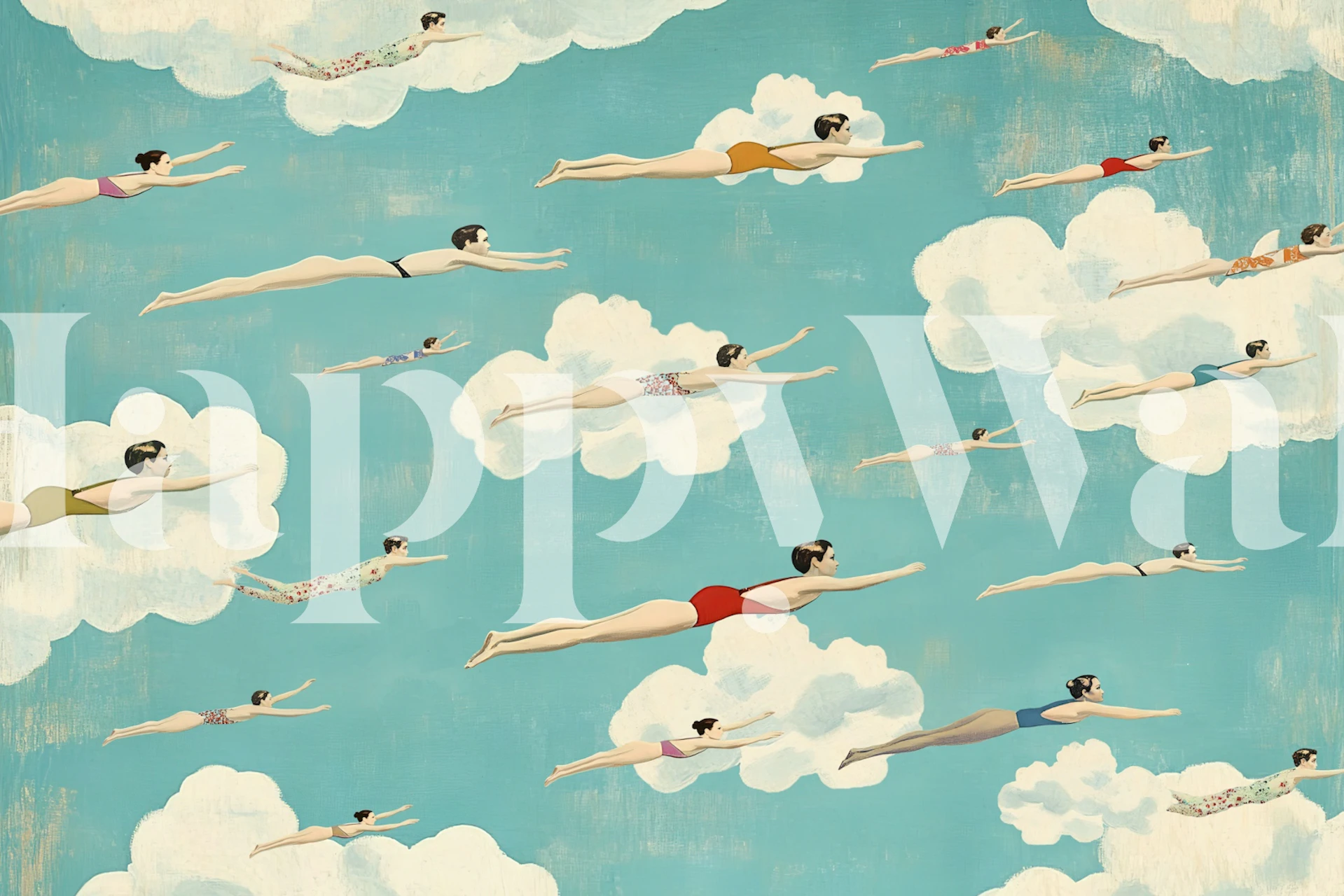 Vintage swimmers in swimsuits against a blue sky and clouds wallpaper