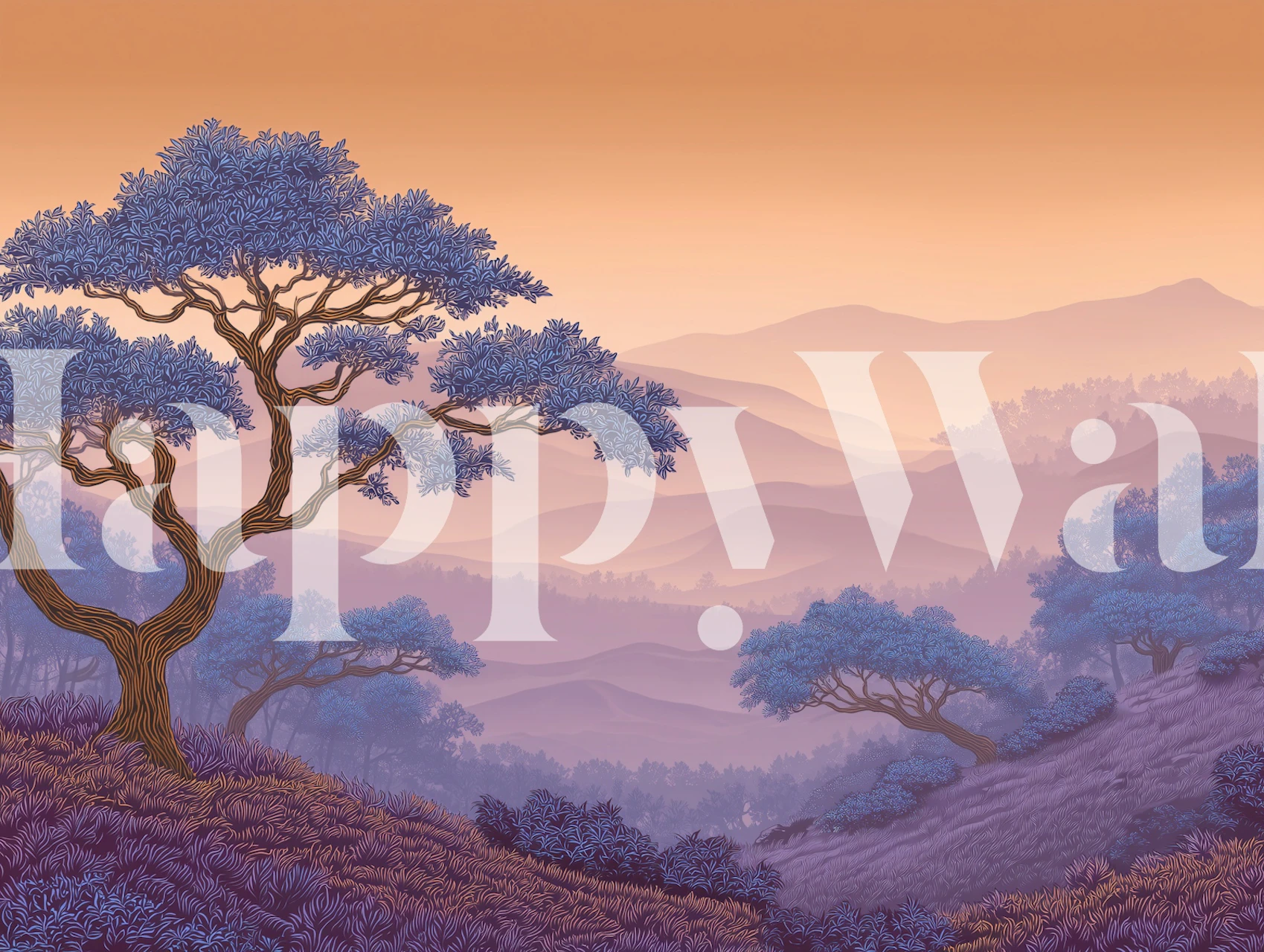 Serene landscape with blue trees and mountains at twilight wallpaper