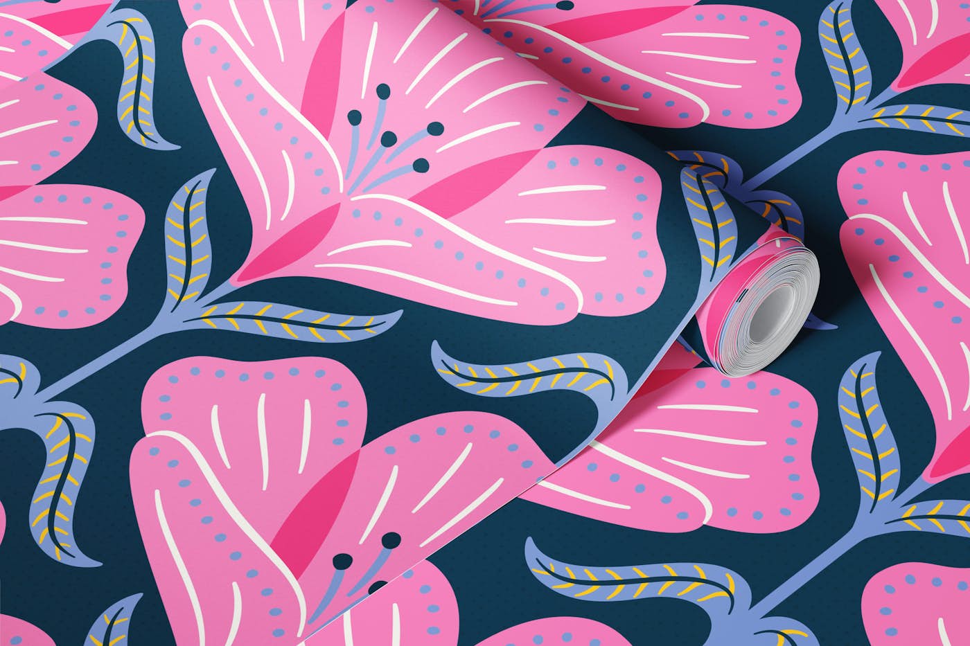pink buttercup on midnight blue big wallpaper roll