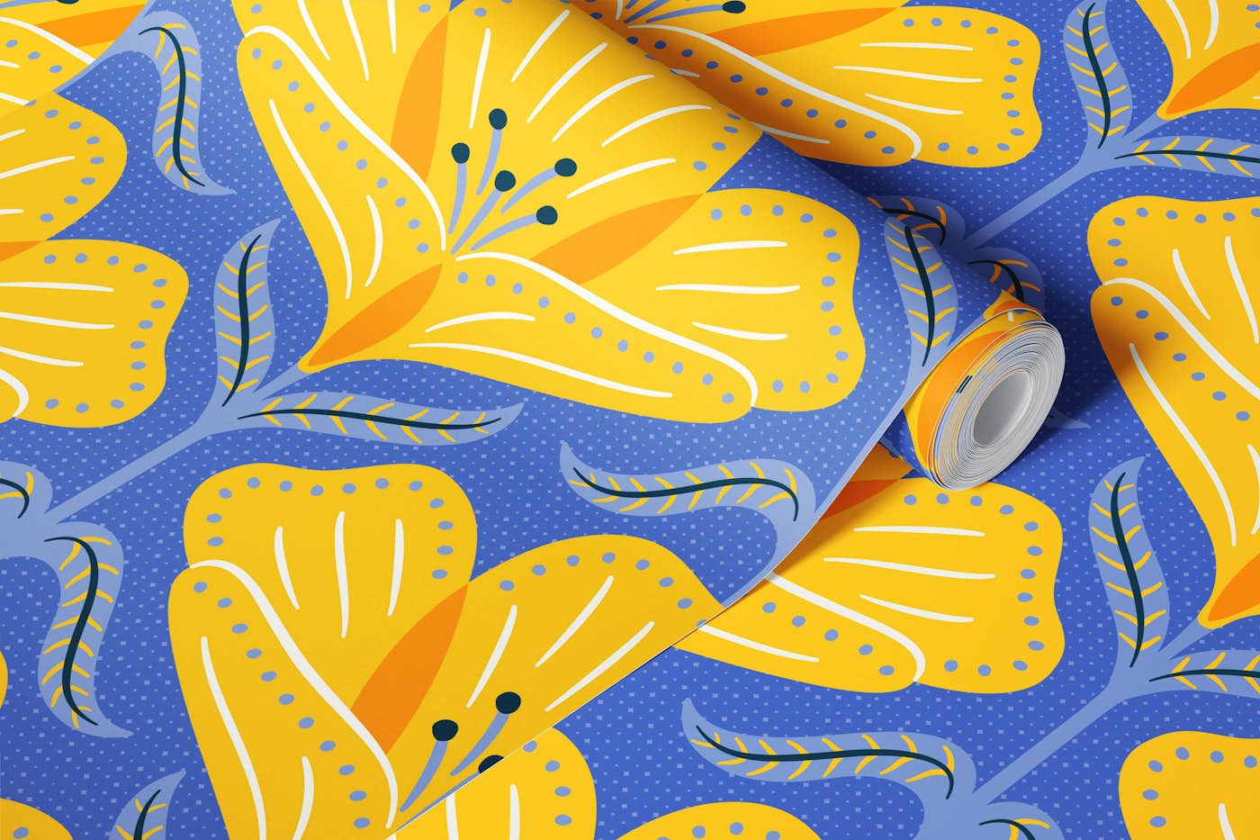 yellow buttercup on blue big wallpaper roll