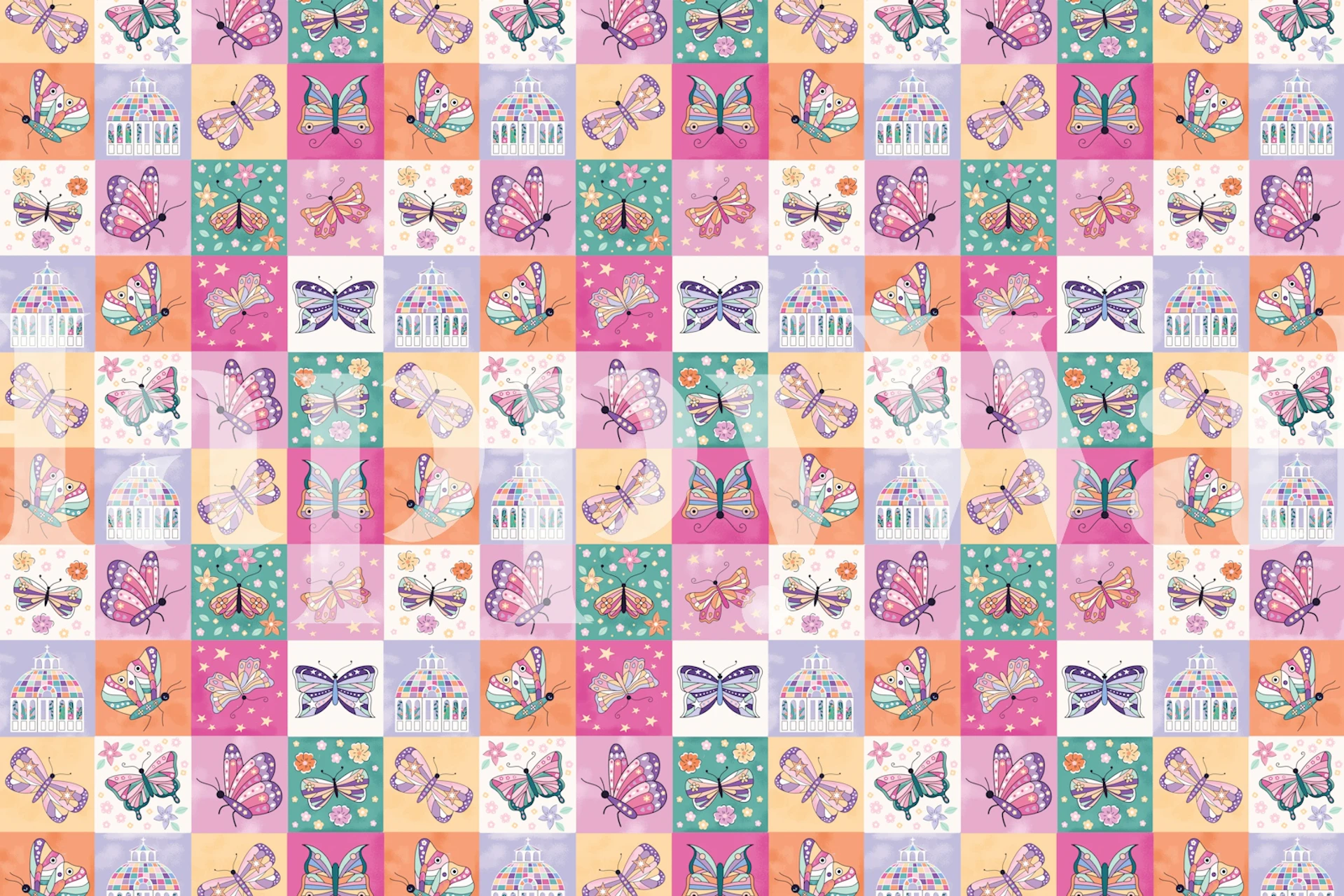 Colorful butterfly illustrations in a patchwork design wallpaper