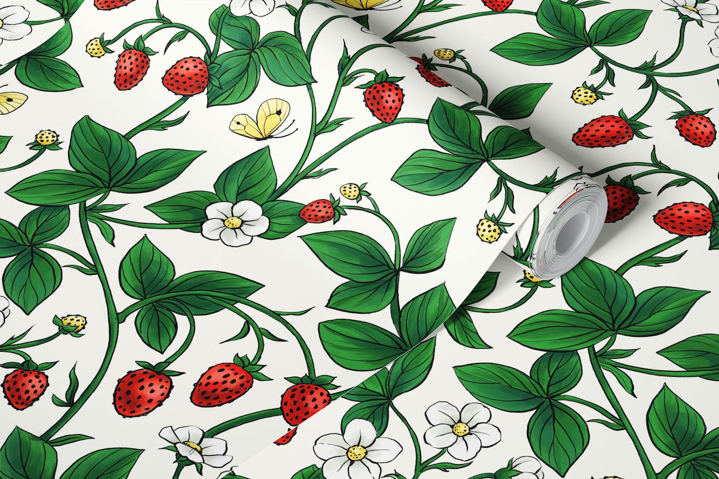 Wild strawberries in red and green wallpaper roll