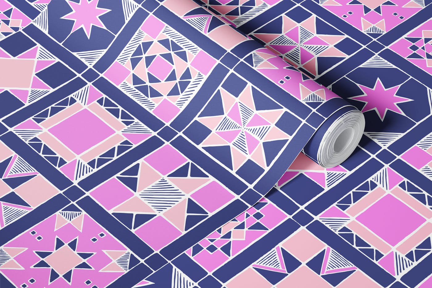 Sewing Quilt Squares in Pink and Blue wallpaper roll
