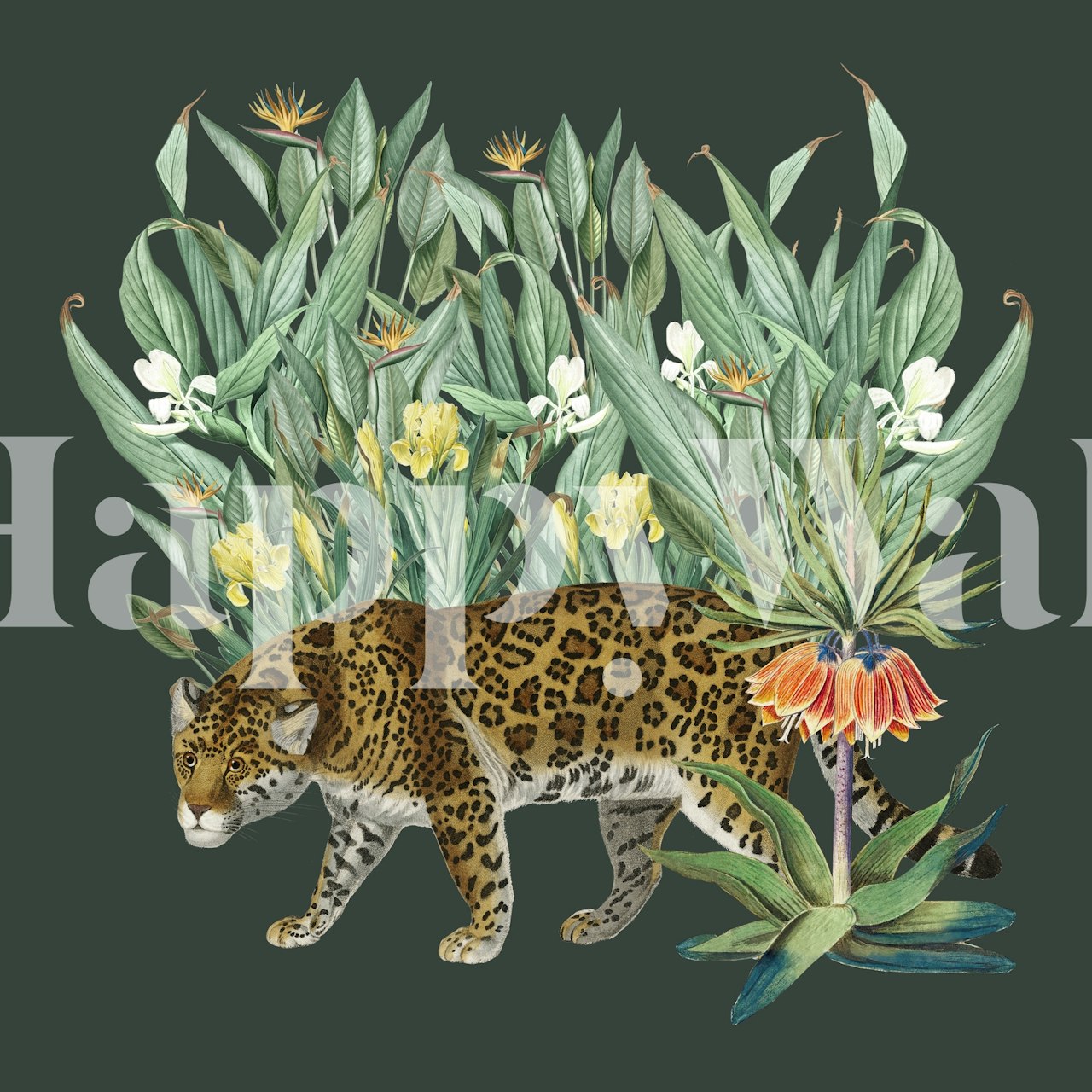 Tapeta Floral Tiger Jungle Green prikazana u sobi