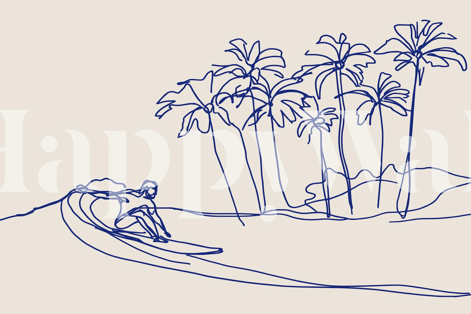 A surfer riding a wave surrounded by palm trees in blue line art wallpaper