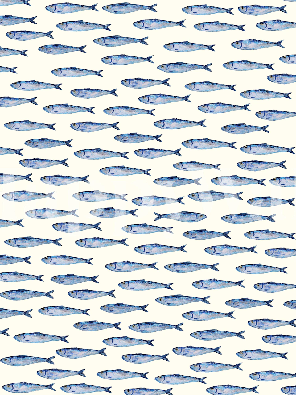 Blauw en wit patroon van sardines op een lichte achtergrond wallpaper
